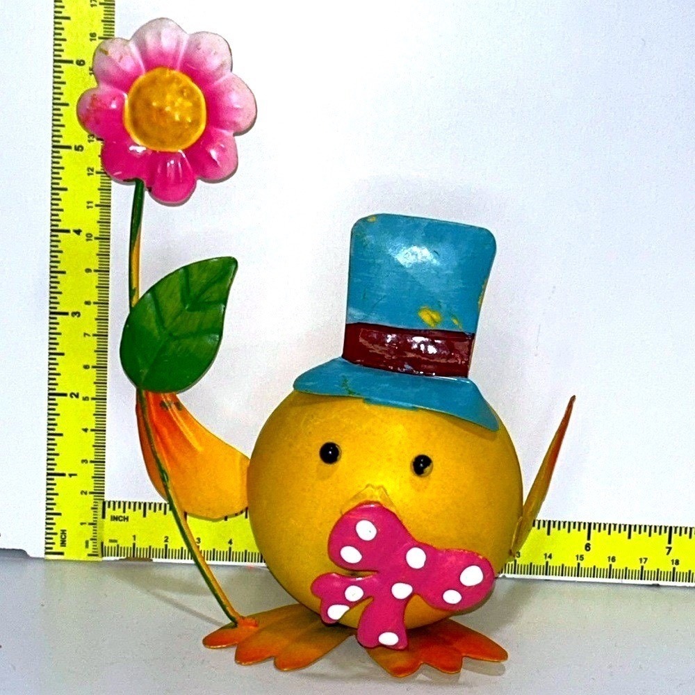 Whimsical Metal Bird Figurine Yellow‎ Pink Flower Top Hat Spring Decor 6"